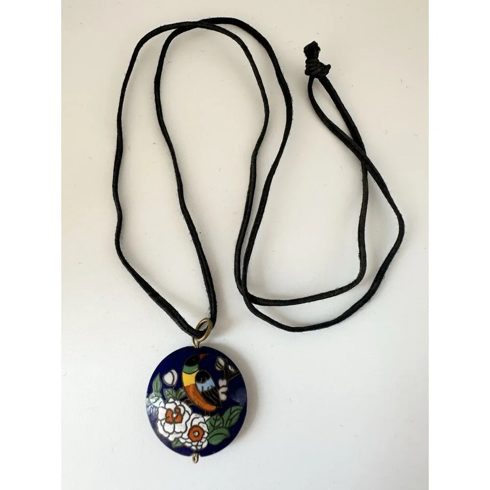 Vintage Double Sided Cloisonné Bird Flower Pendant Necklace 28”